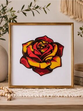 Handcrafted Layered Paper Rose Wall Art • Framed 12x12